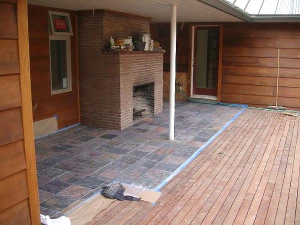 IMGP1701.JPG - Back patio with slate and Massaranduba decking (FSC).  Outdoor fireplace to be converted to outdoor kitchen with BBQ