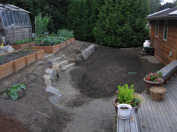 IMG_2194.JPG - New grass area ready for seeding.  Raised bed vegetable gardens at work.